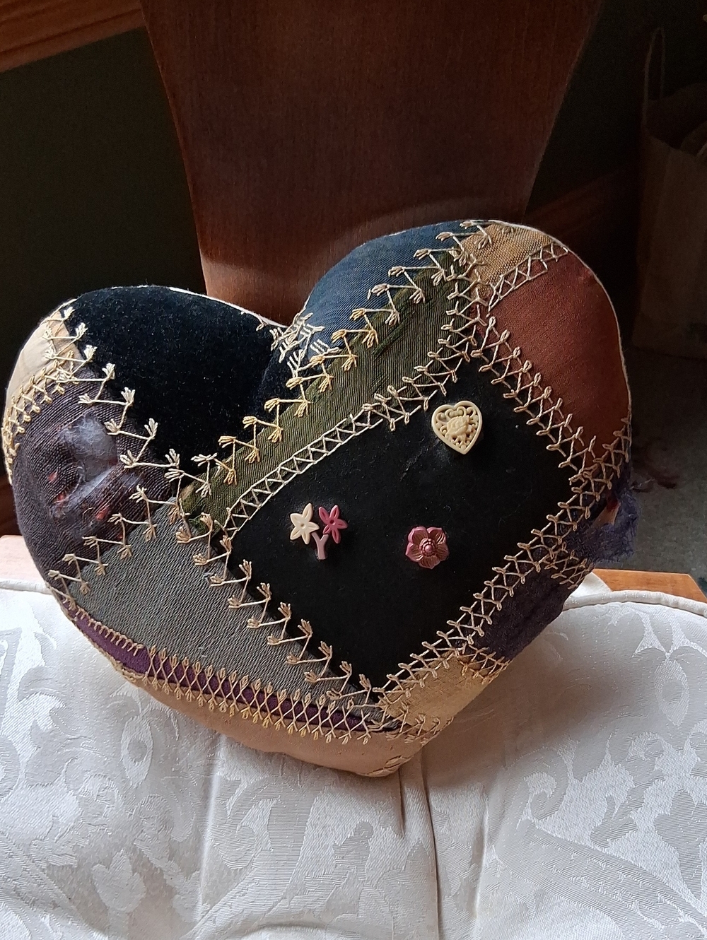 Handcrafted Vintage Cazy Quilt Pieced Multicolor Patchwork Heart Pillow -